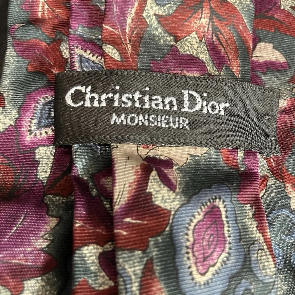Christian Dior Monsieur Silk Tie Floral Paisley Gray Purple Red Vintage USA 100%